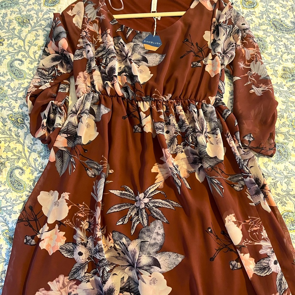 NWT Pink Blush Maternity Brown Floral Dress L